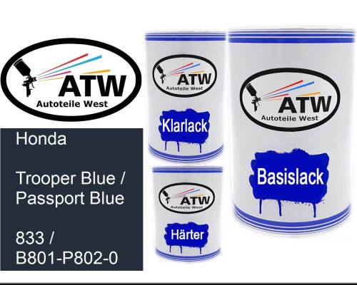Honda, Trooper Blue / Passport Blue, 833 / B801-P802-0: 500ml Lackdose + 500ml Klarlack + 250ml Härter - Set, von ATW Autoteile West.